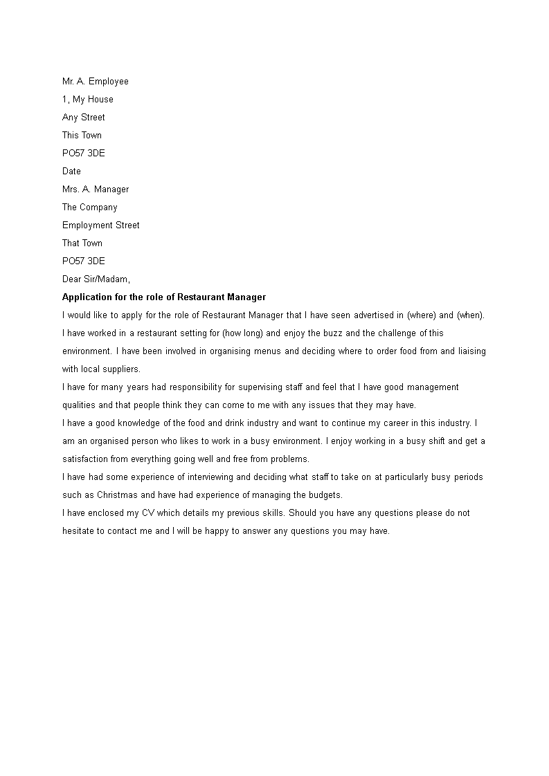 Restaurant Manager Resume Cover Letter 模板