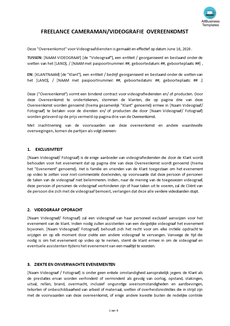 cameraman videograaf freelance contract template