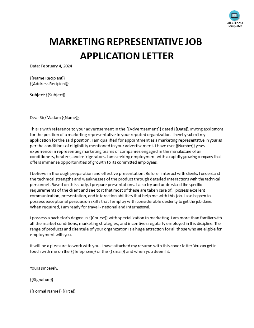 marketing representative job application letter modèles