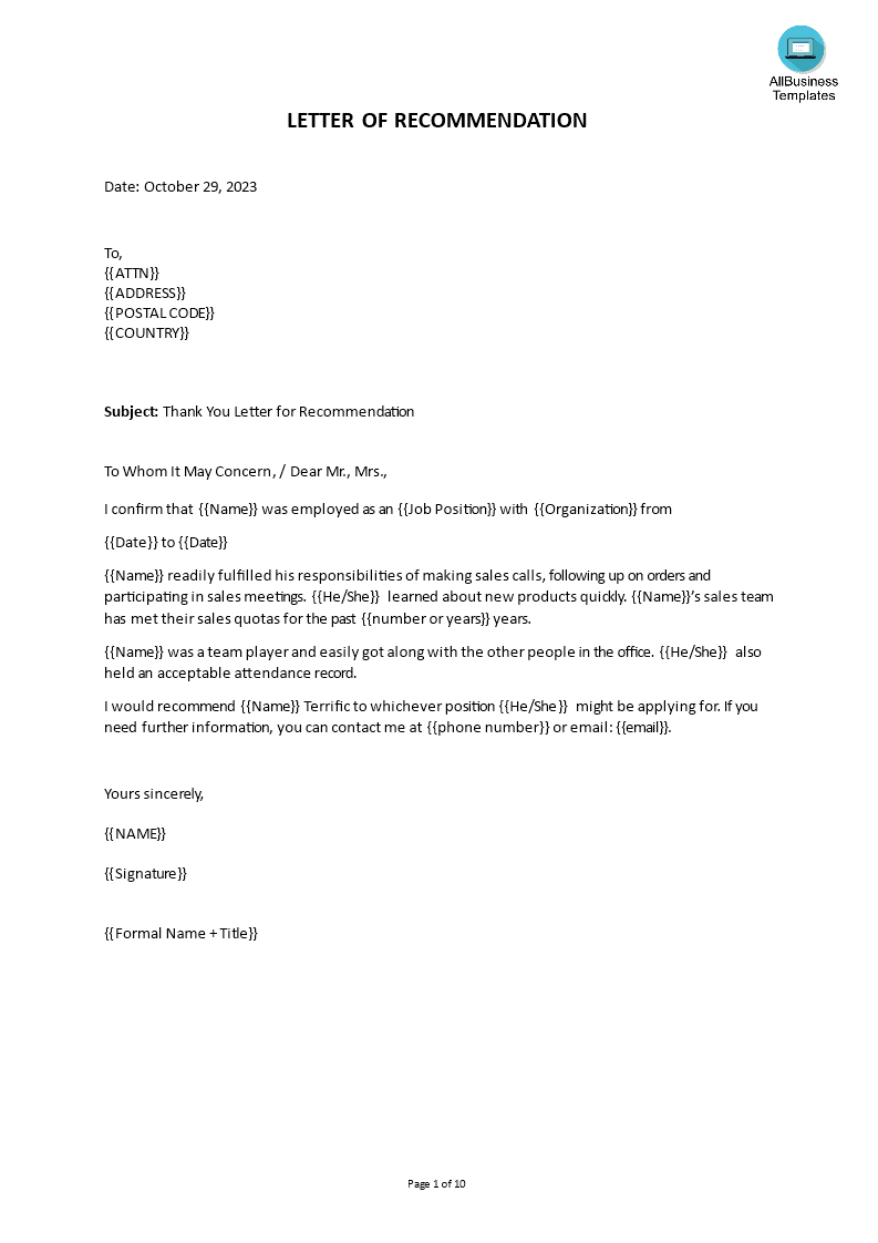 letter of recommendation sample voorbeeld afbeelding 