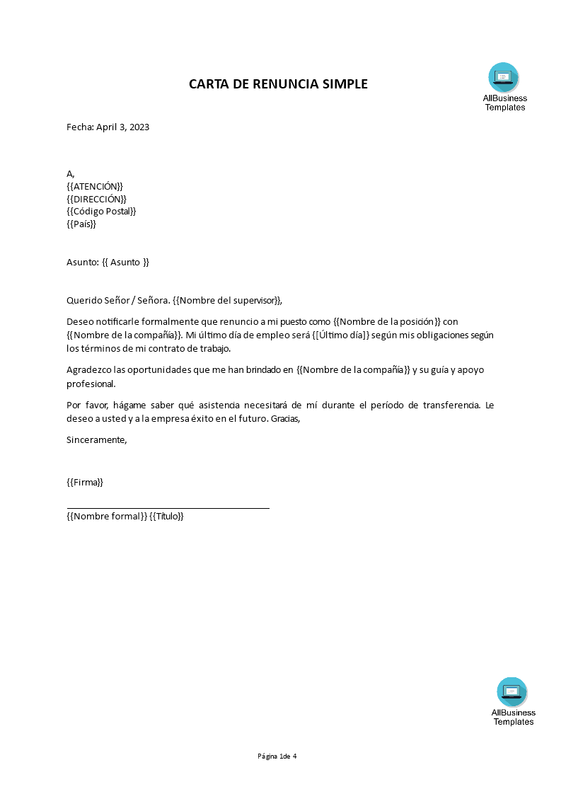 carta de renuncia simple voorbeeld afbeelding 