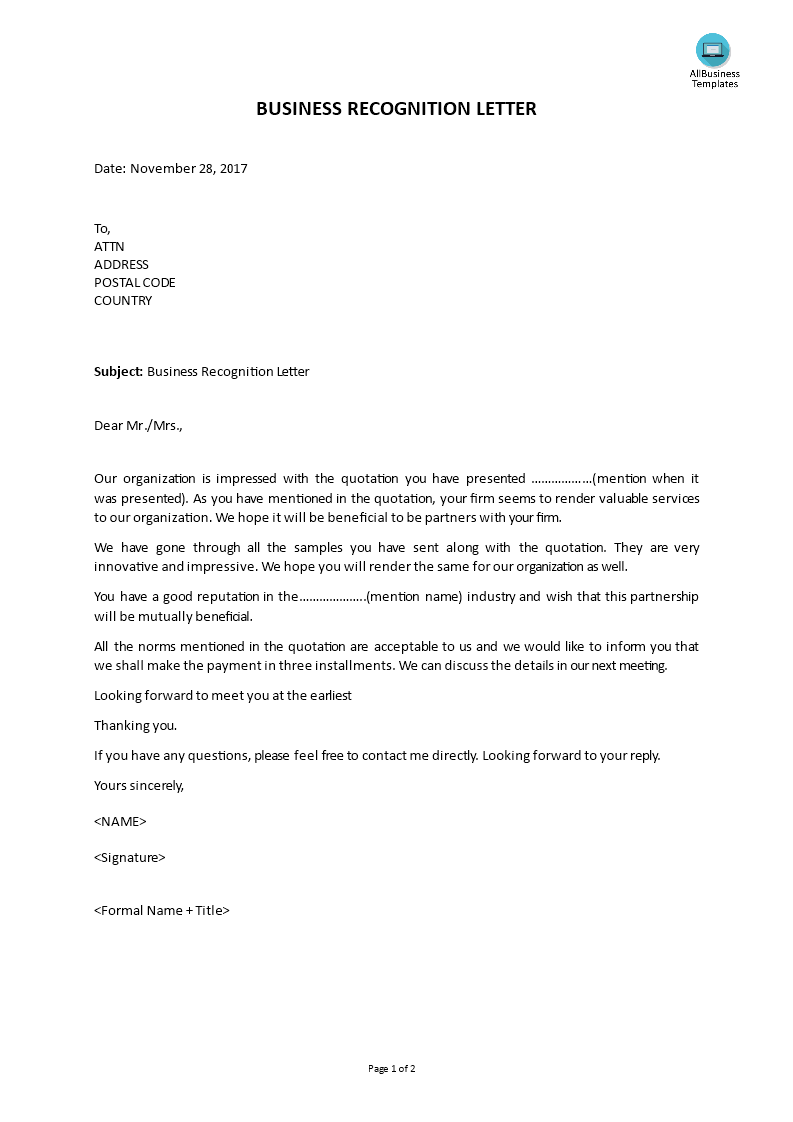 Business Recognition Letter main image