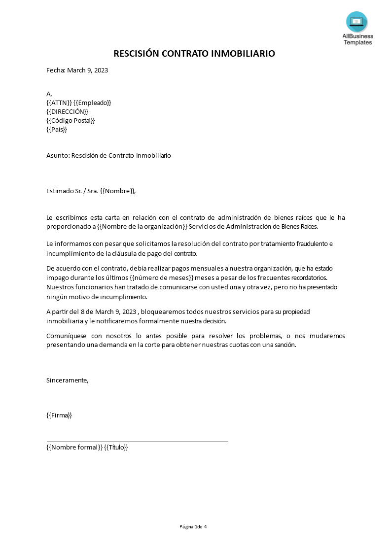 Carta de terminación de contrato de arrendamiento 模板