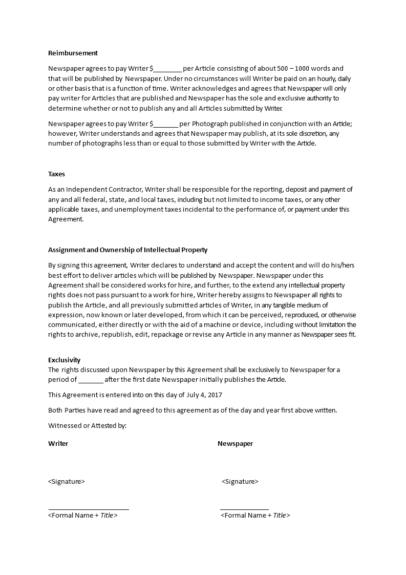 Freelance Writer Agreement Template
