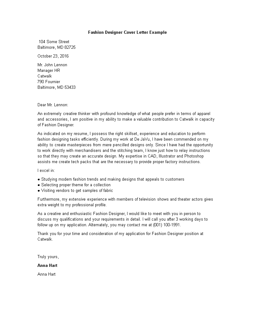 entry level fashion designer cover letter sample