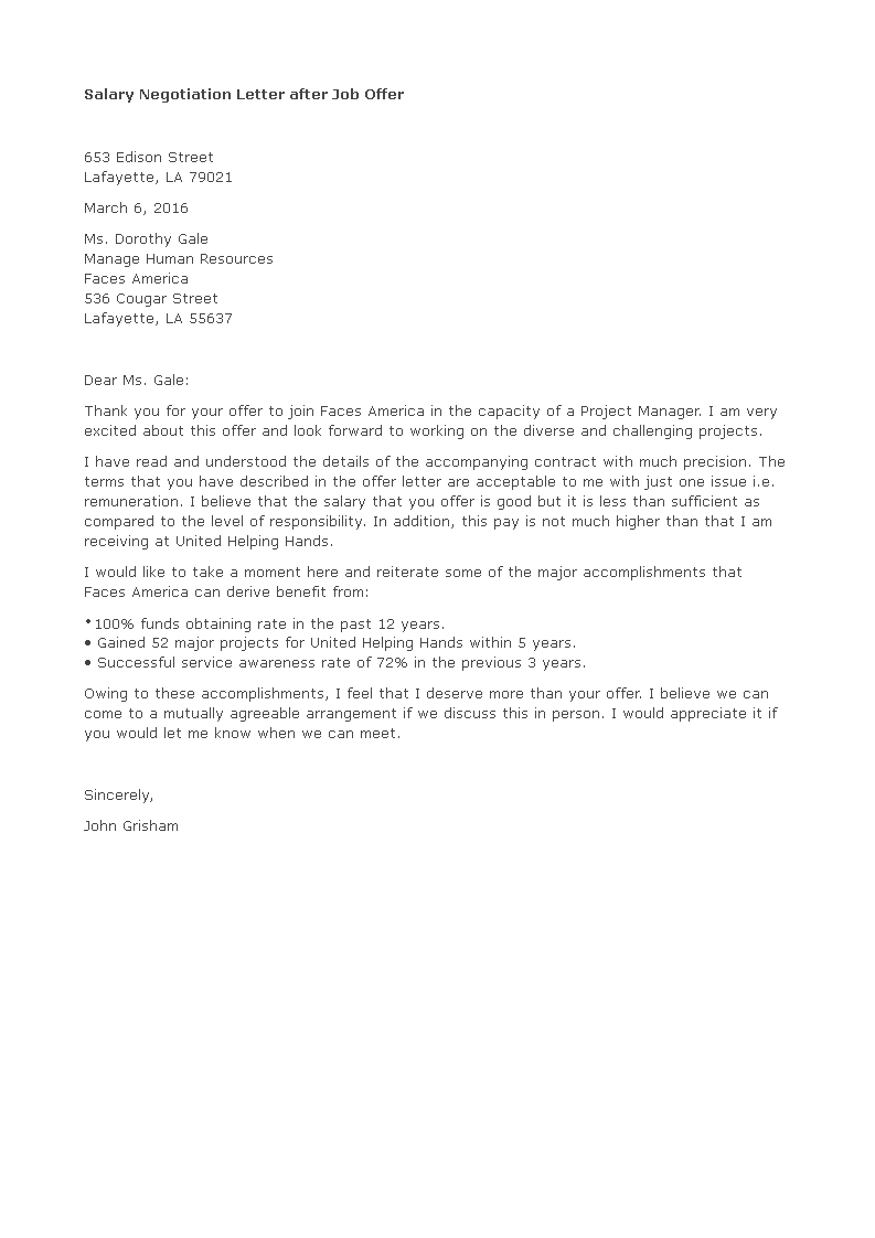 salary negotiation letter after job offer modèles