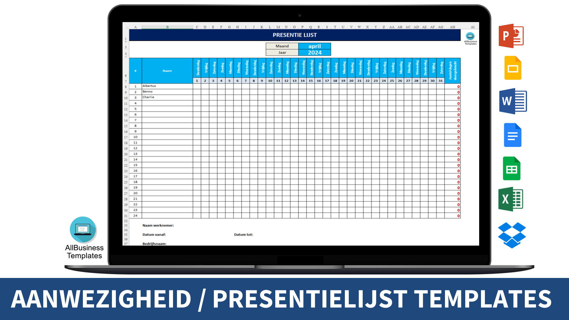 maandelijkse aanwezigheidsregistatie plantilla imagen principal