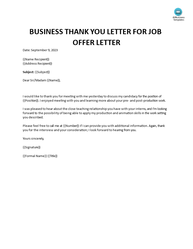 business thank you letter for job offer template
