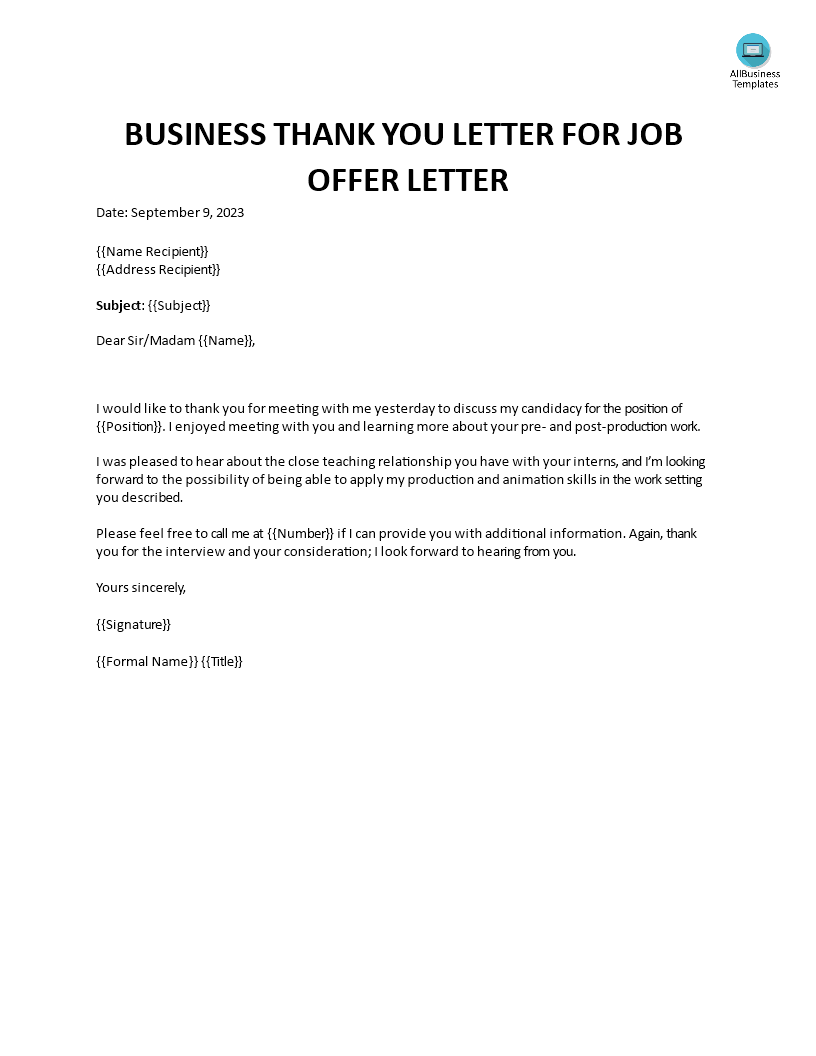 business thank you letter for job offer modèles