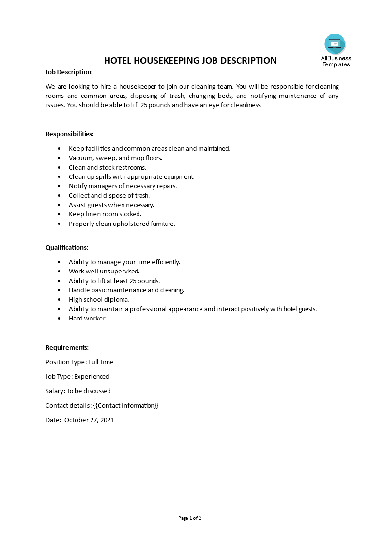 hotel housekeeping job description plantilla imagen principal