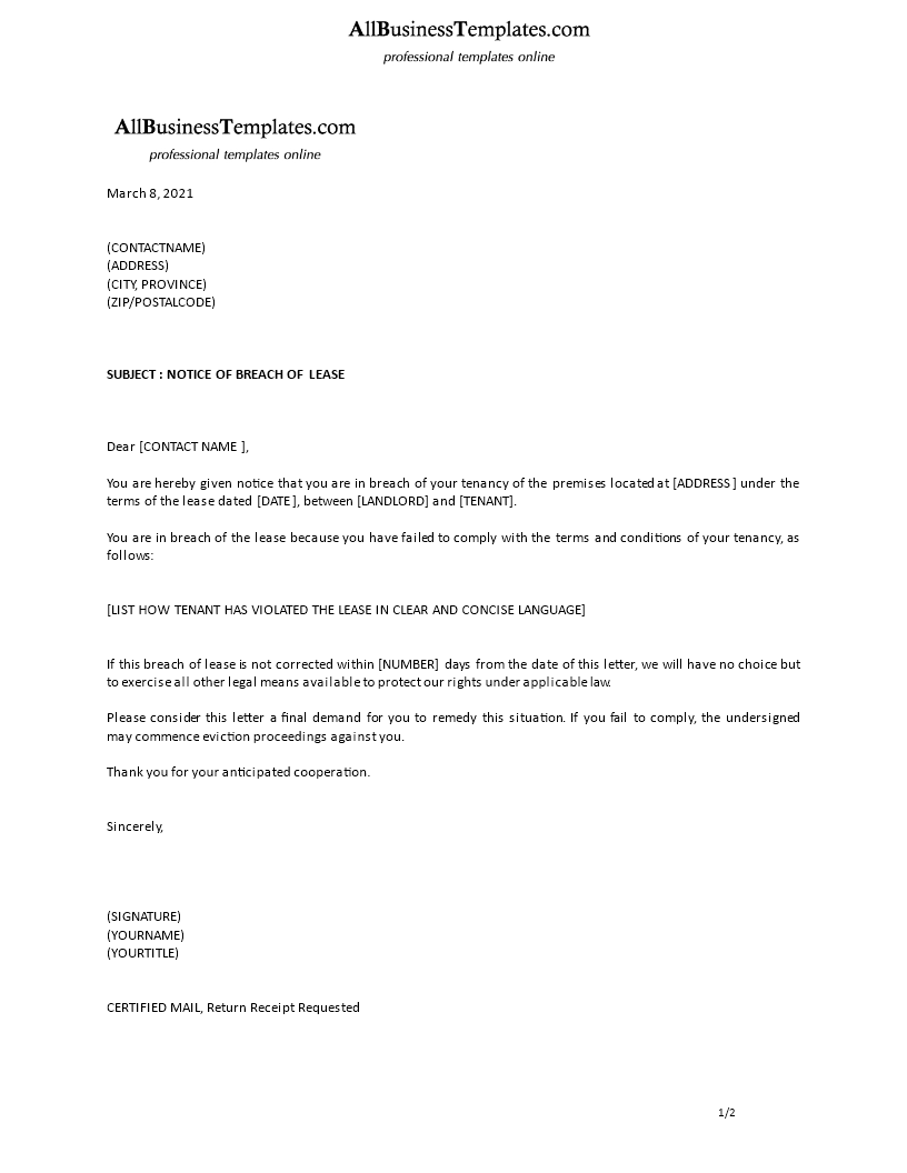 formal notice of breach of lease contract voorbeeld afbeelding 