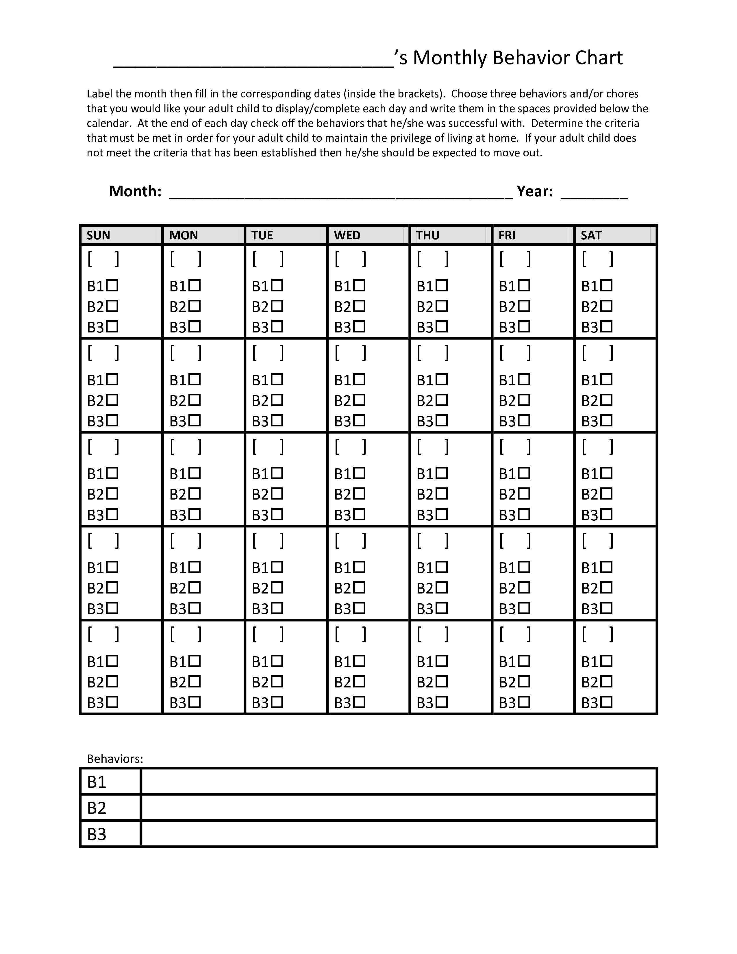 Printable Monthly Behavior Chart 模板