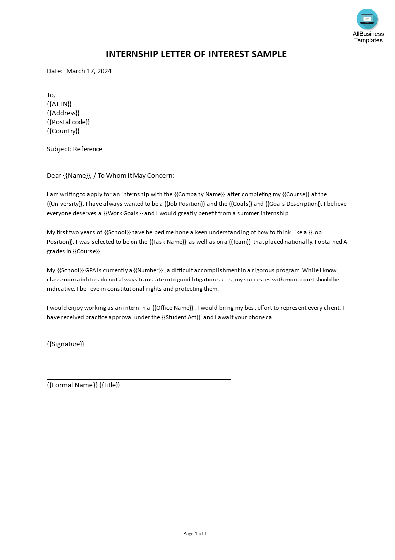 internship letter of interest format template