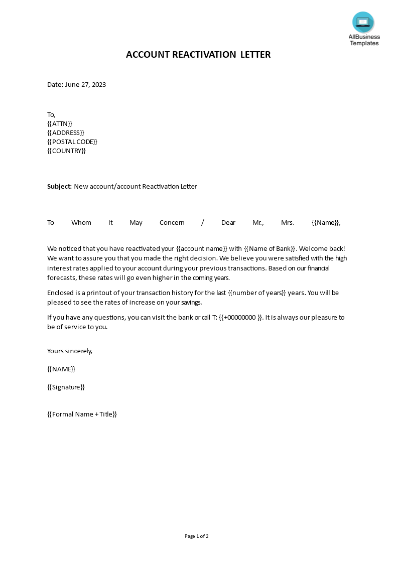 new account reactivation letter template