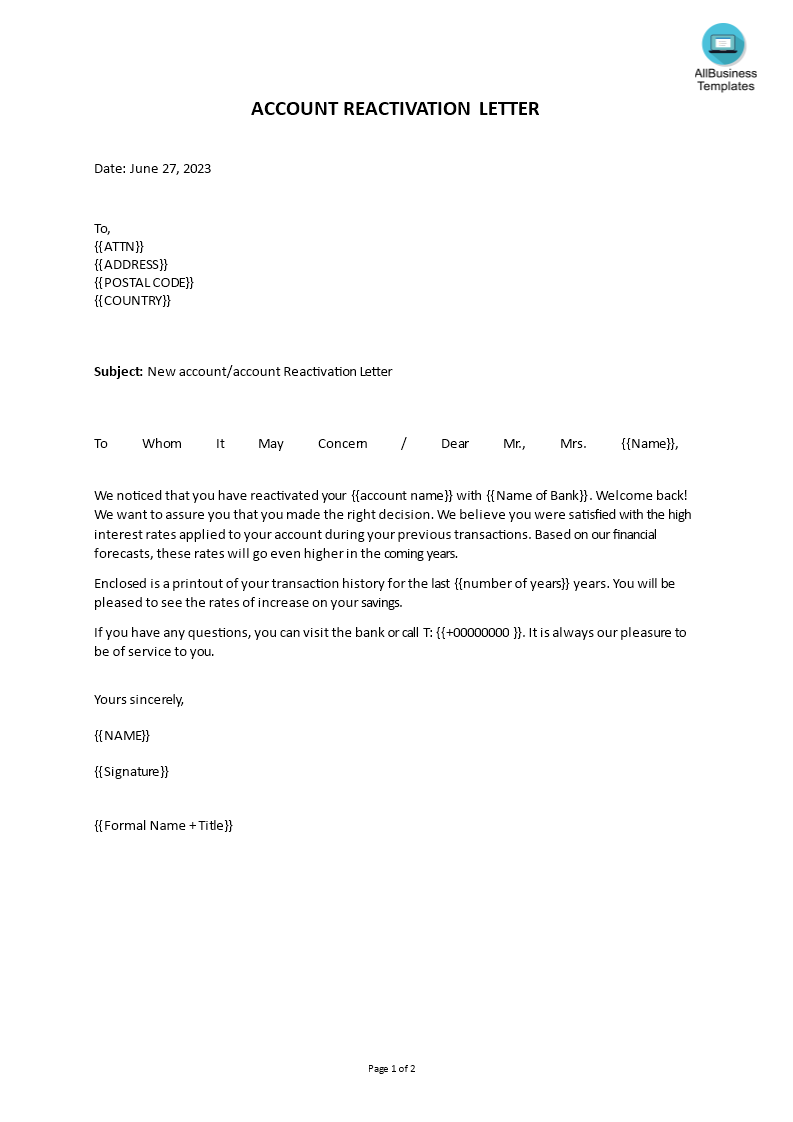 new account reactivation letter Hauptschablonenbild