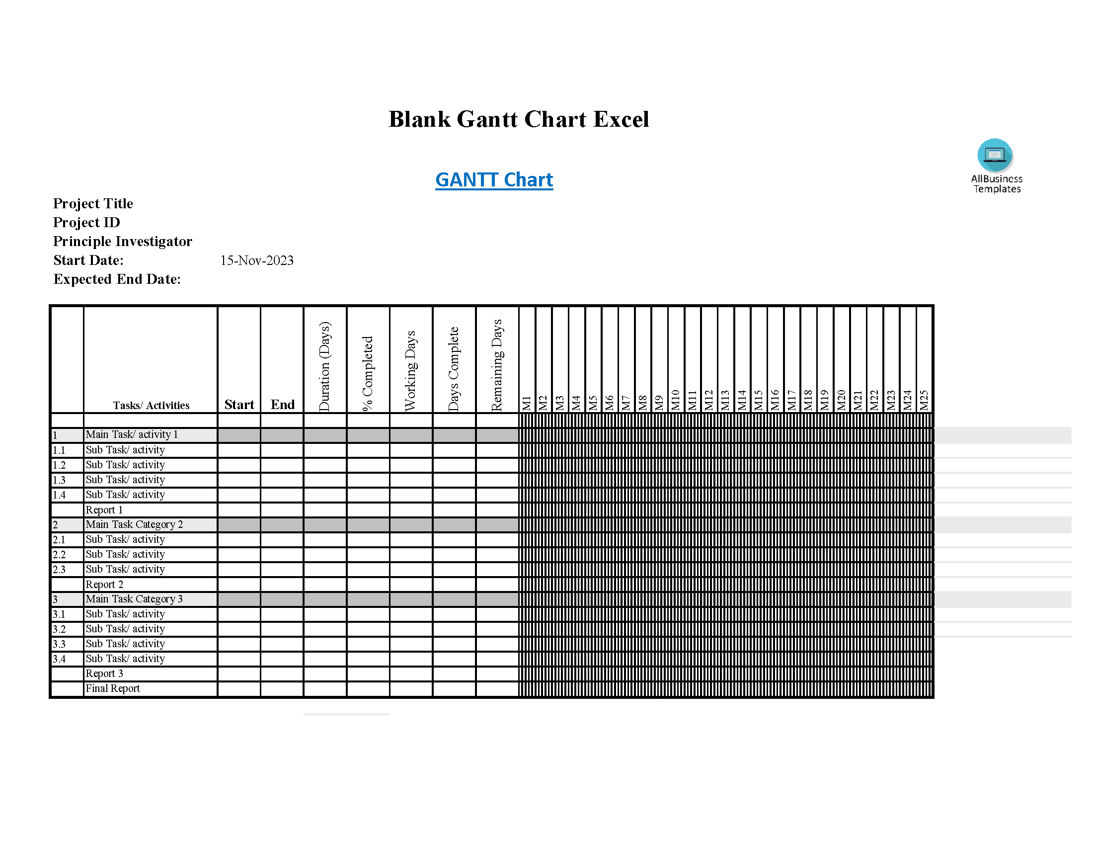 Blank Gantt Chart Excel 模板