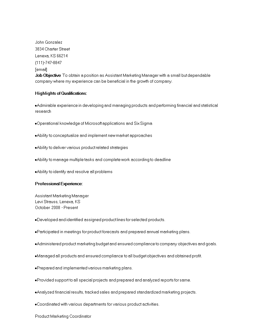 assistant marketing manager resume voorbeeld afbeelding 