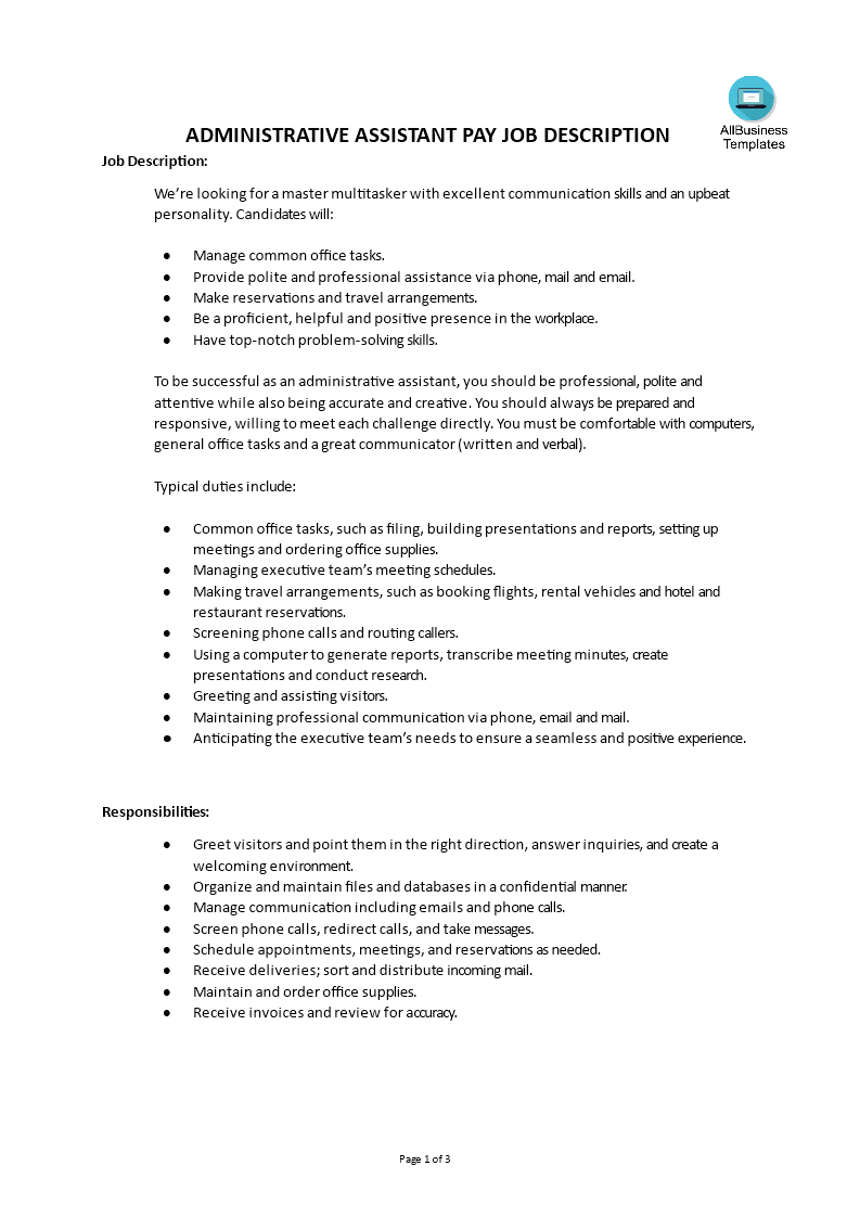 administrative assistant pay job description modèles