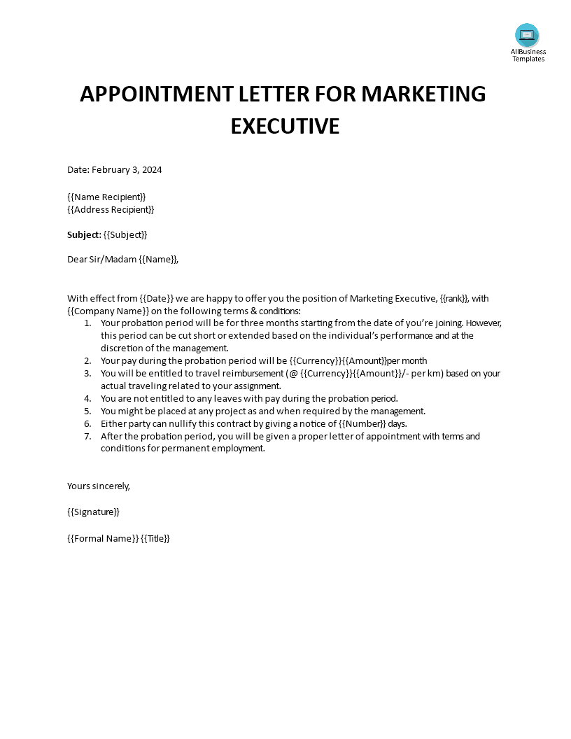 Appointment Letter for Marketing Executive 模板