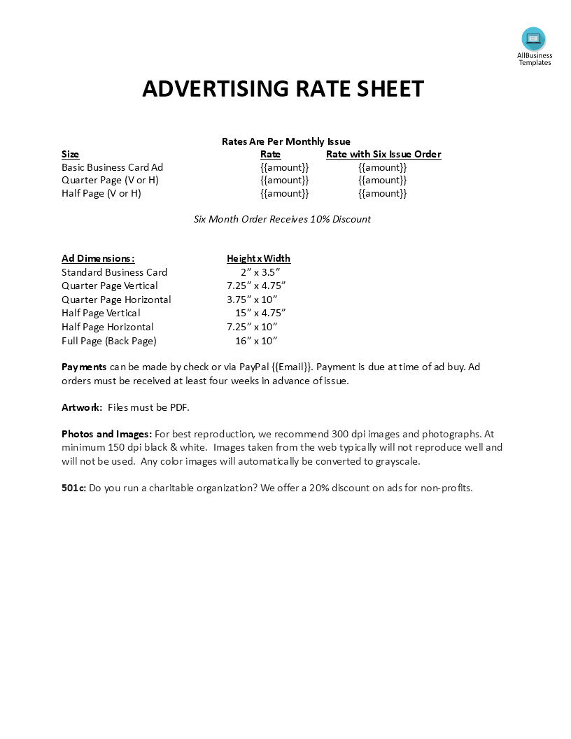 advertising rate sheet Hauptschablonenbild