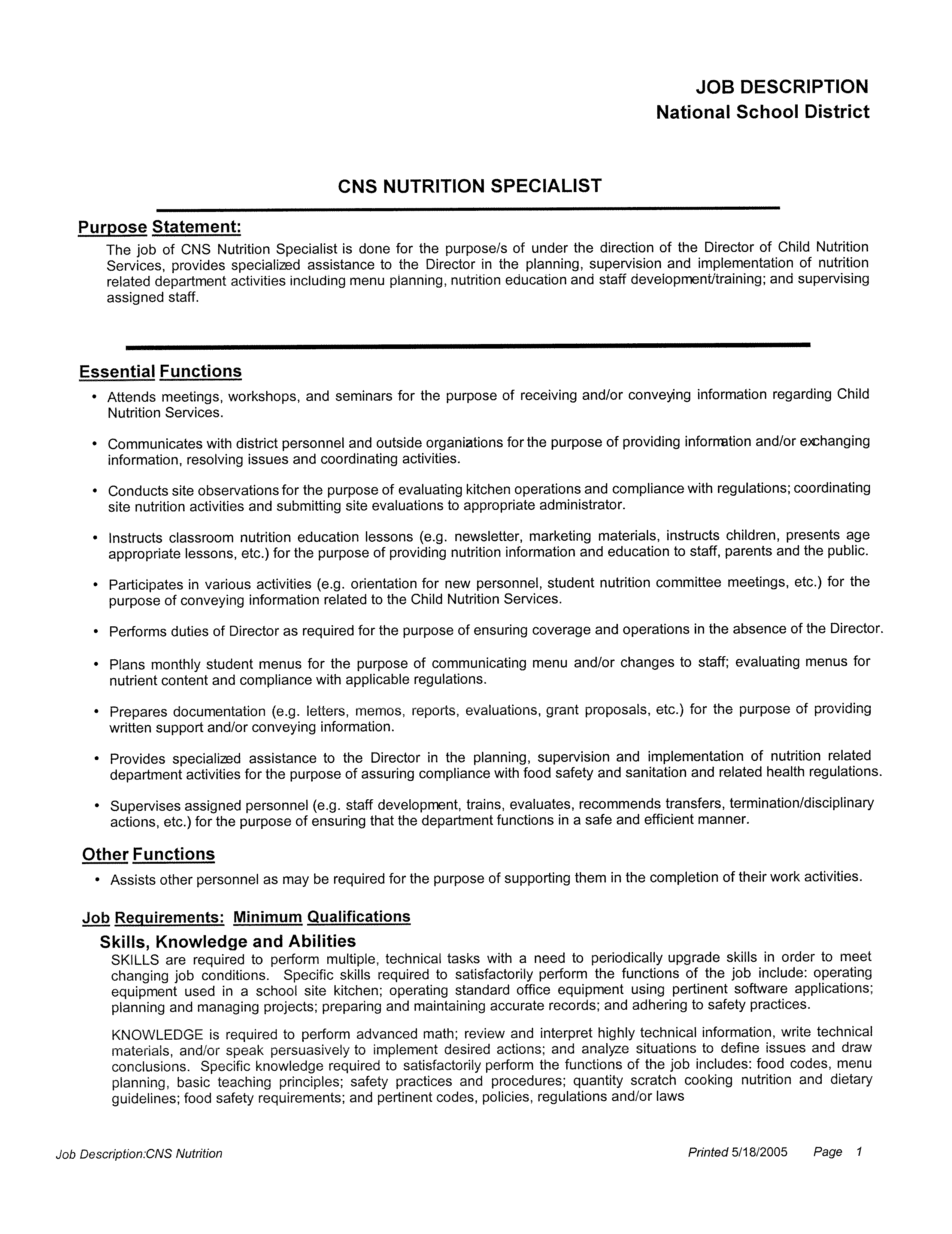 school nutritionist job description template