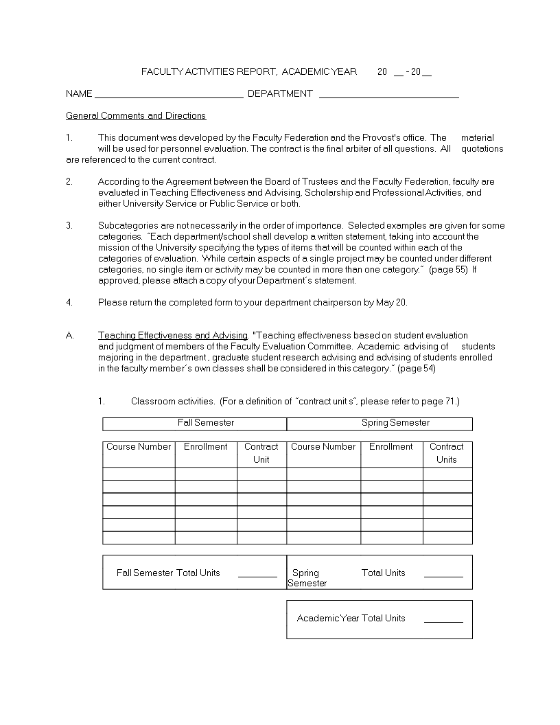 professional faculty activity report template