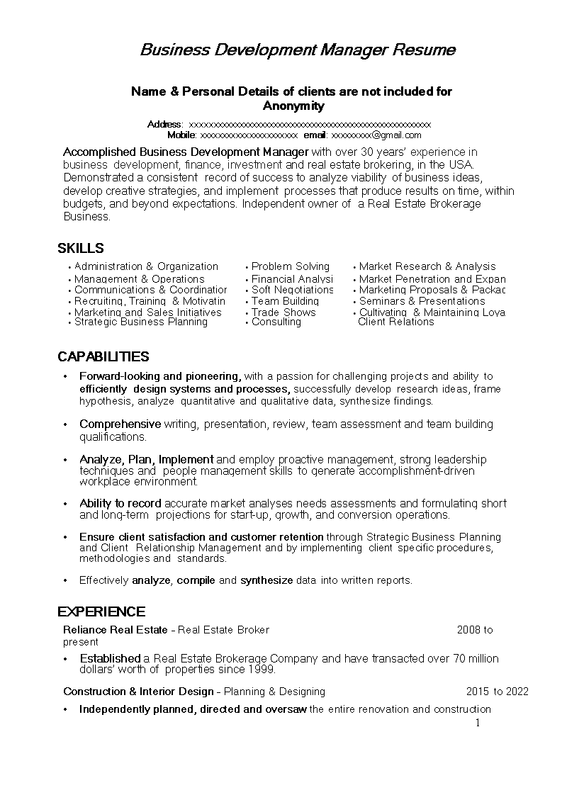 business development manager curriculum vitae template