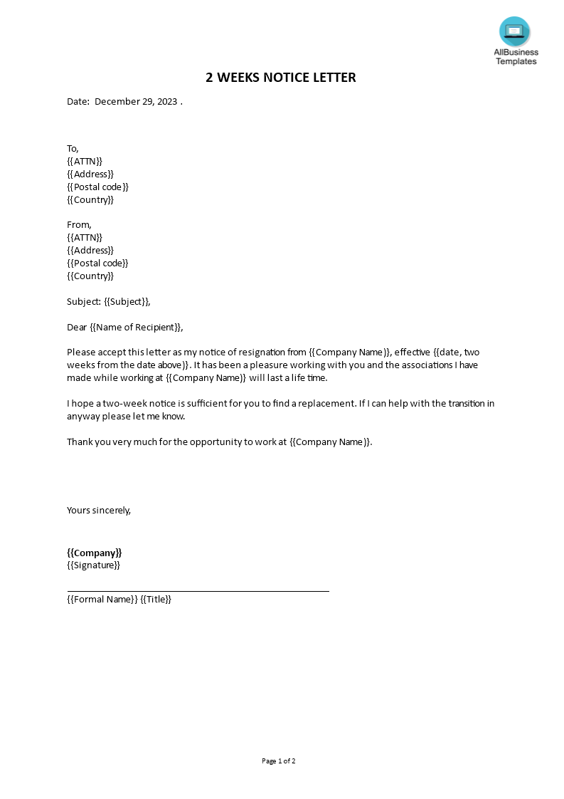 Two weeks notice email Templates at