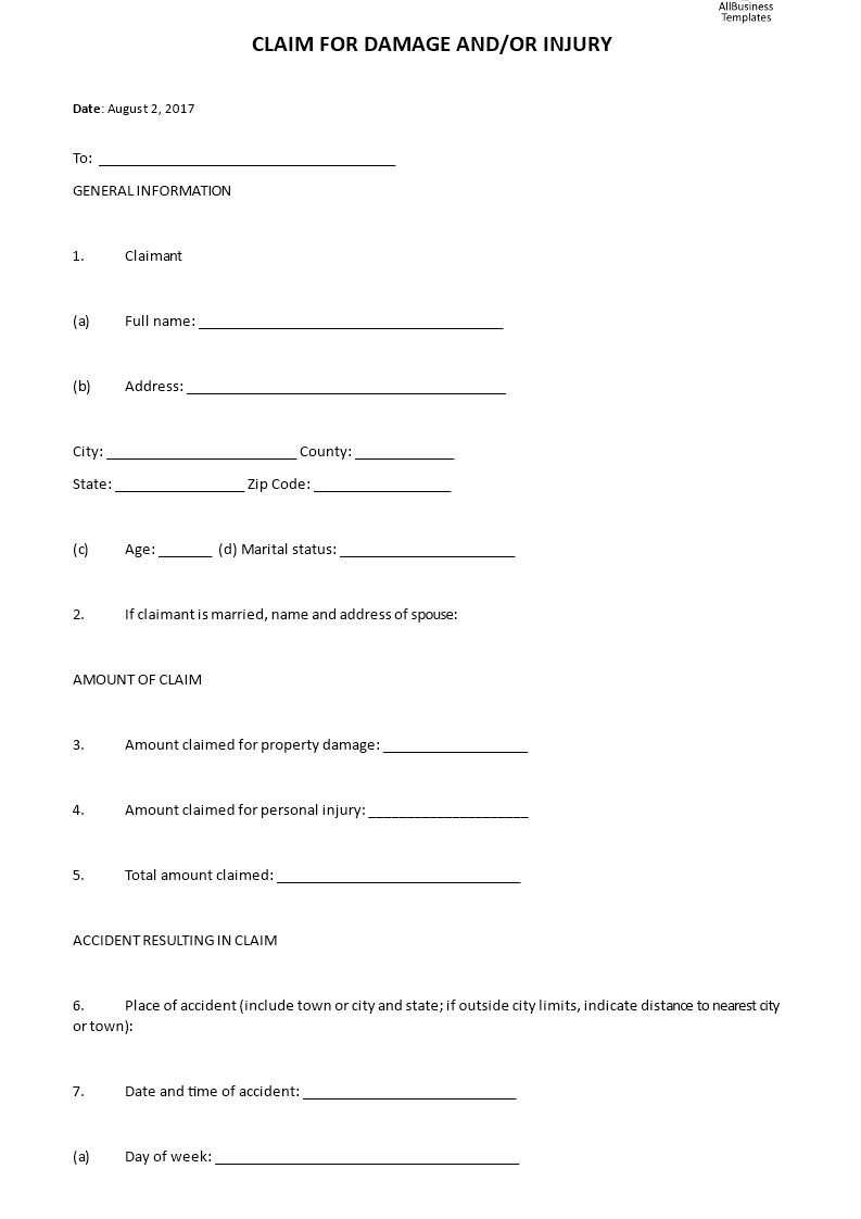 claim for damage injury template