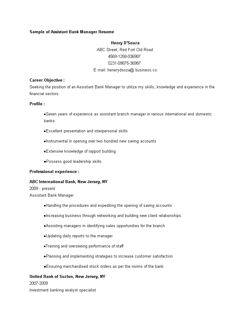 Banking Assistant Manager CV main image