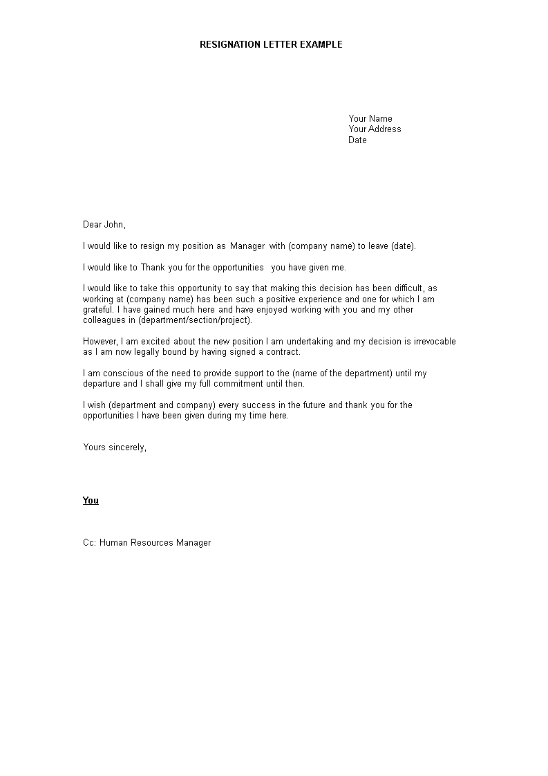 resignation thank you letter to manager modèles