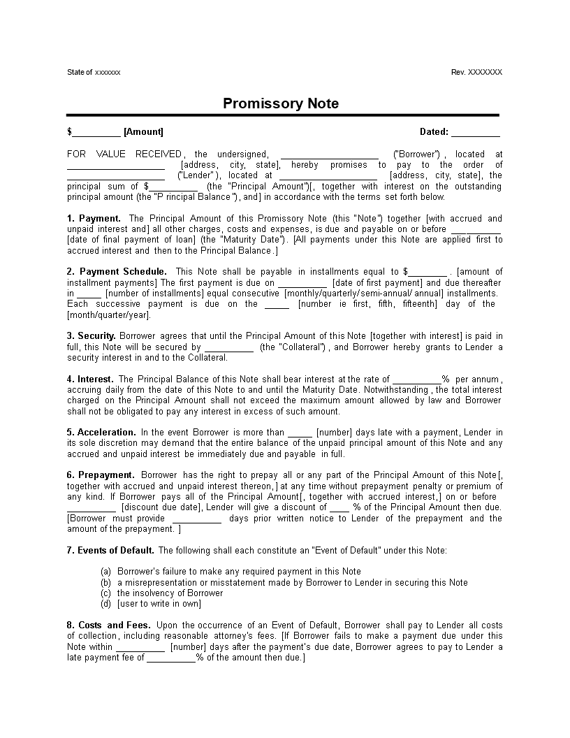 detailed promissory note-installment payment modèles
