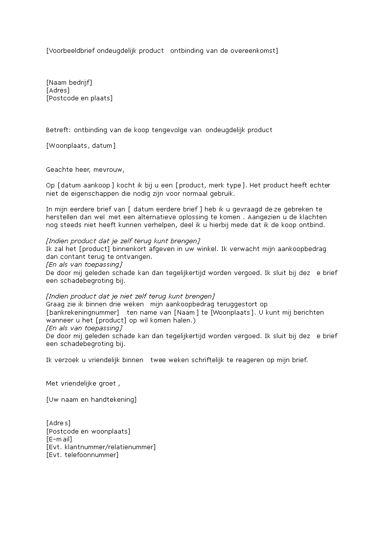 ondeugdelijk product ontbinding overeenkomst template