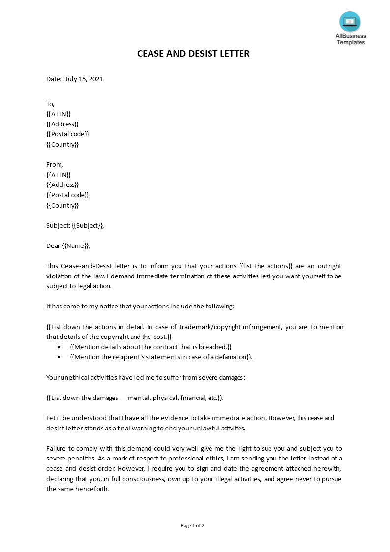 Cease and Desist Letter template 模板