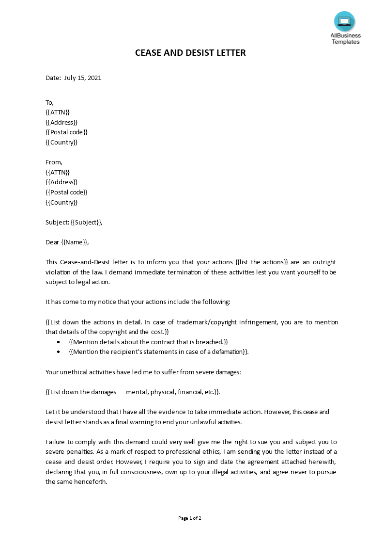 cease and desist letter template modèles