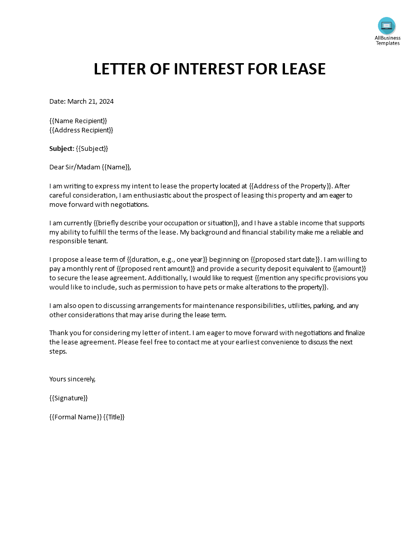 Letter Of Interest For Lease 模板