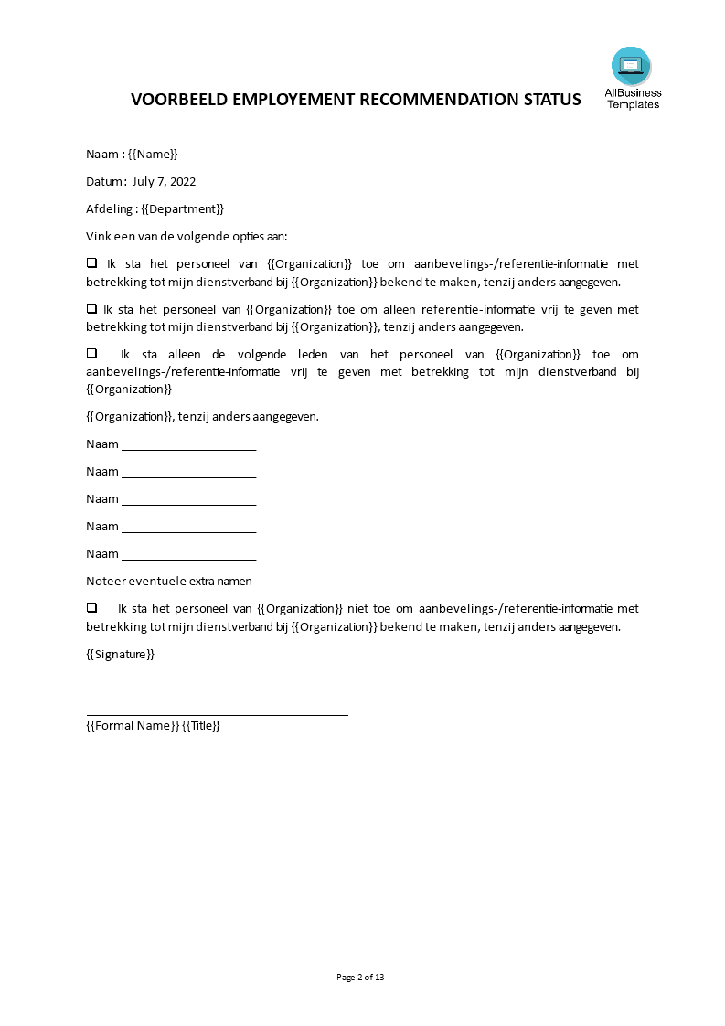 tewerkstellingsadvies werknemer formullier template