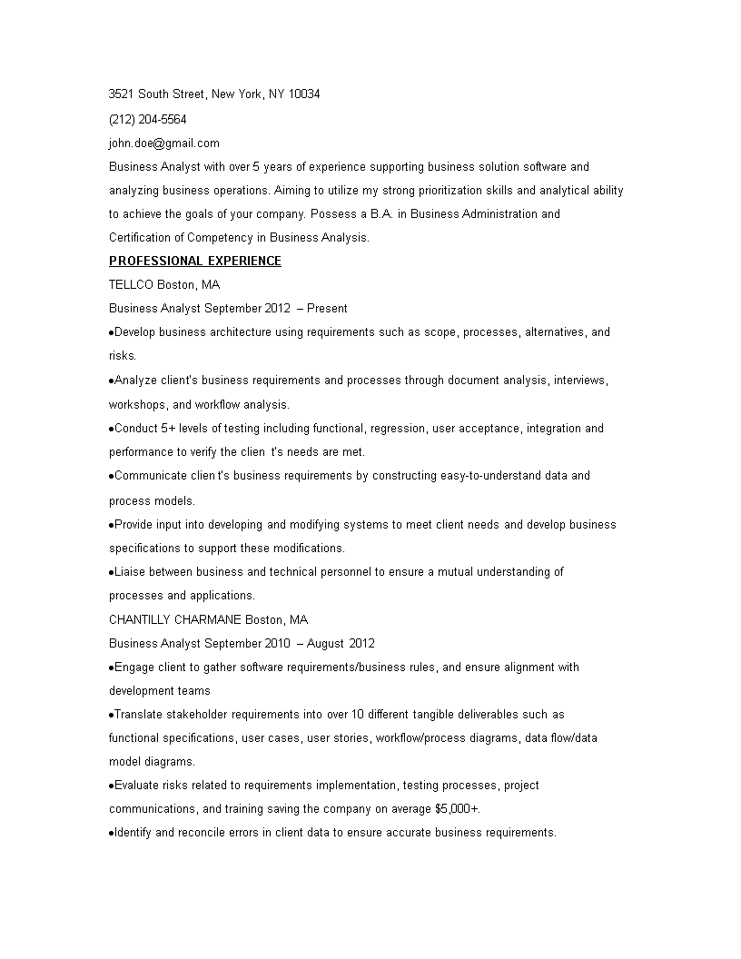 Senior Business Analyst Curriculum Vitae Word template main image