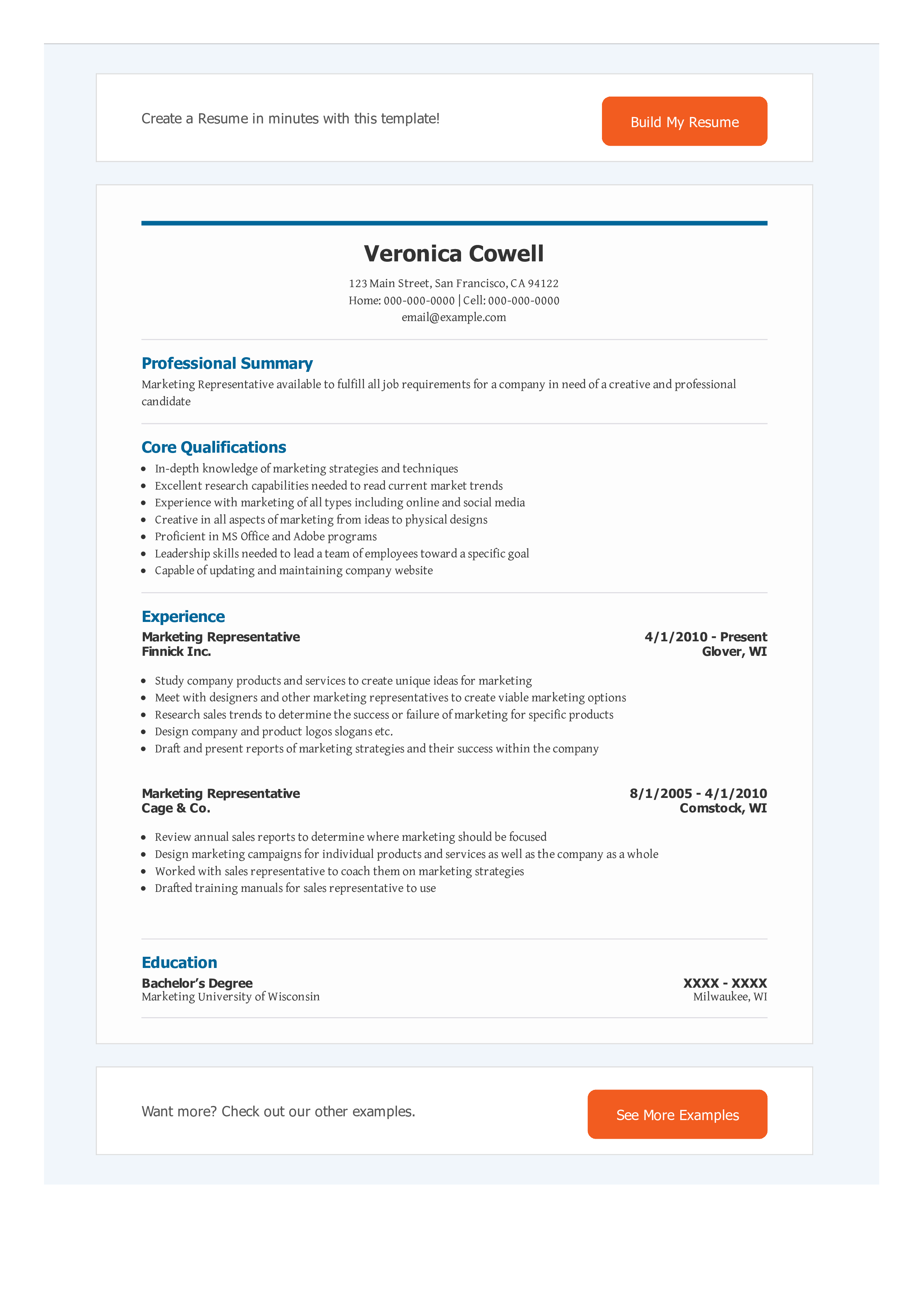 professional marketing representative resume template