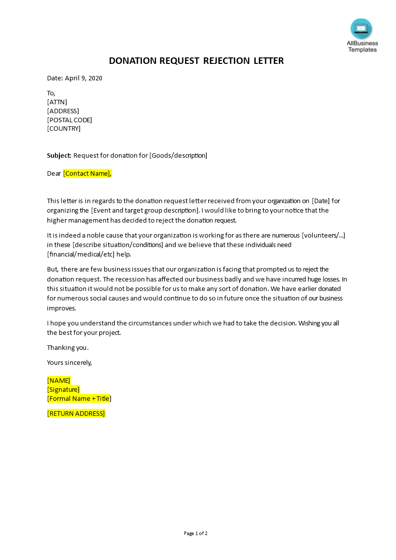 Donation Request Rejection Letter main image