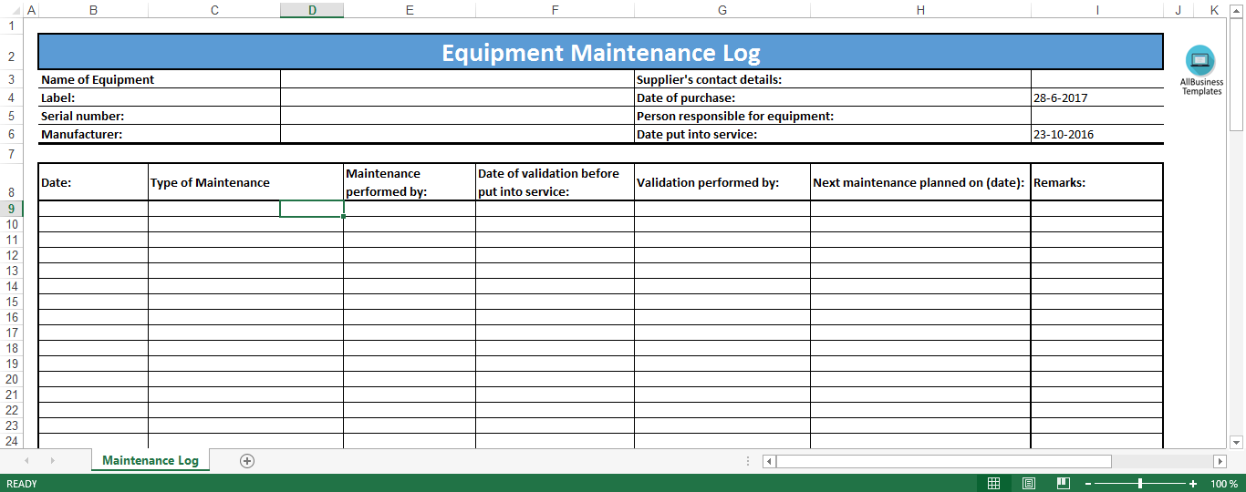 Equipment Maintenance Log Excel template Templates at