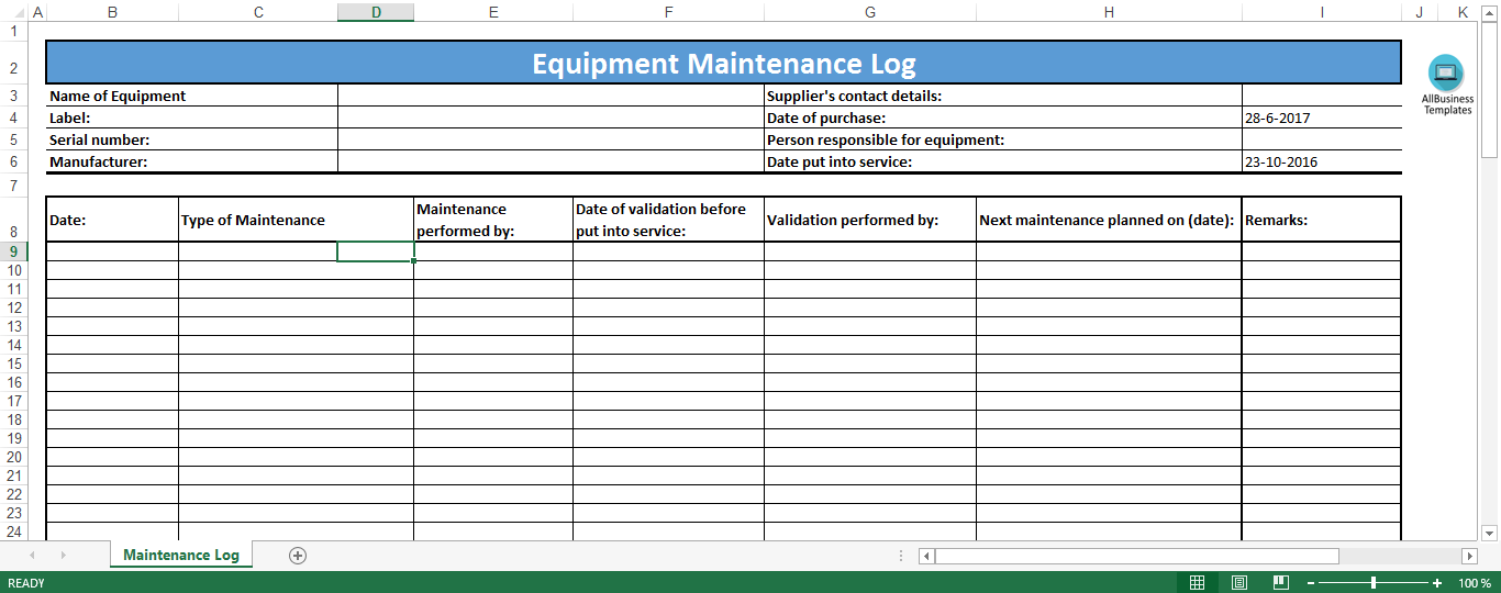 equipment maintenance log template template