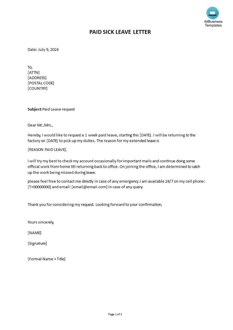 paid sick leave letter template