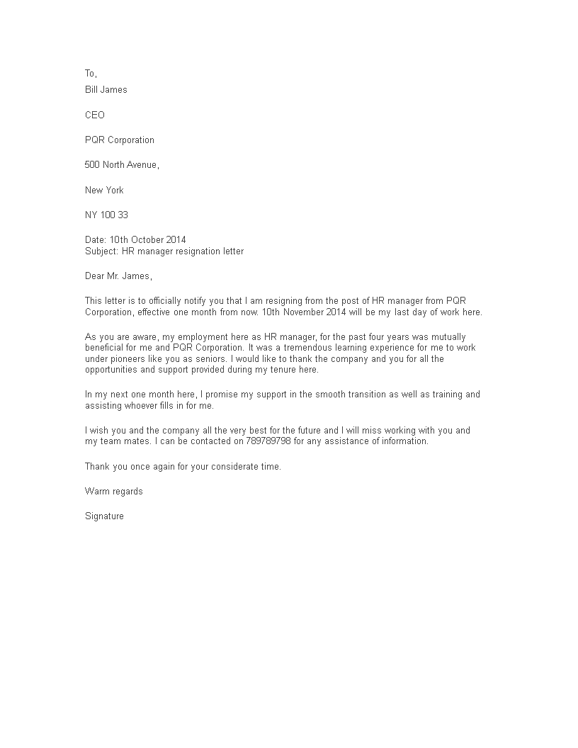 hr manager resignation letter template