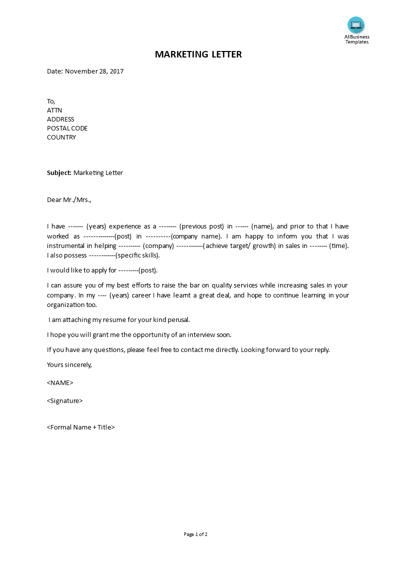 marketing letter example template