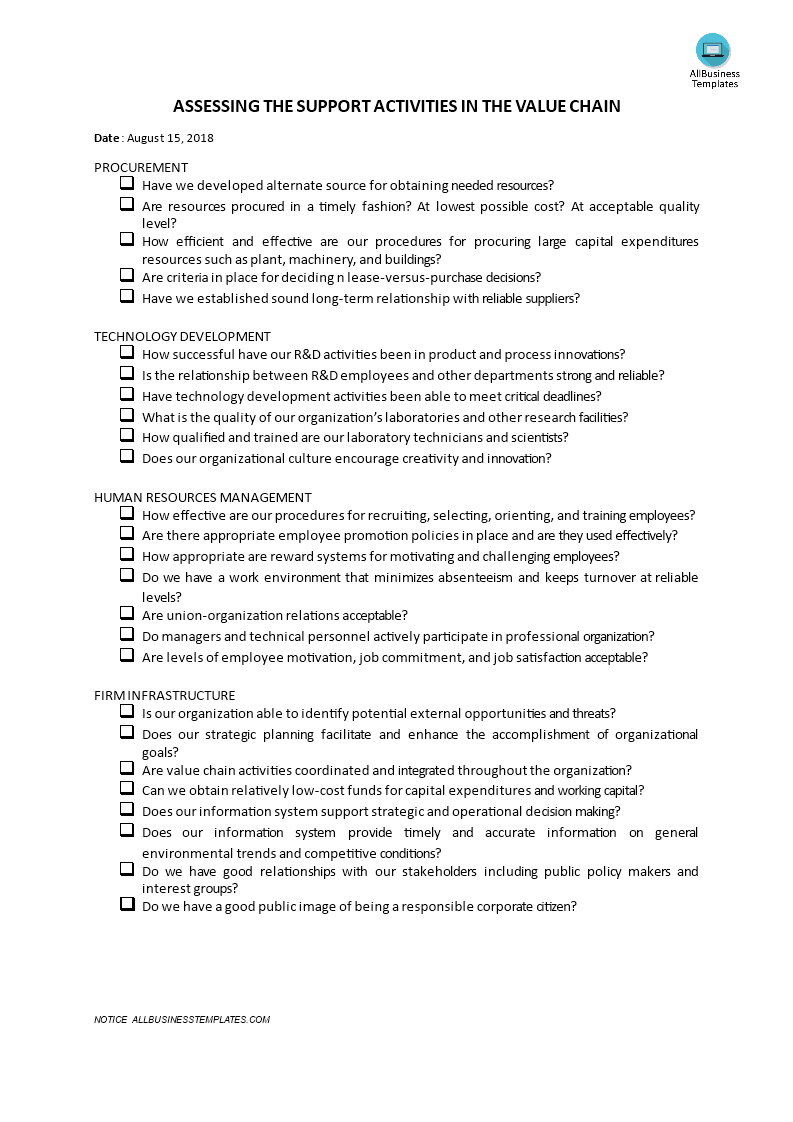 assessing the support activities in the value chain voorbeeld afbeelding 