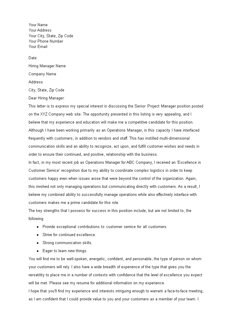 project manager cover letter template