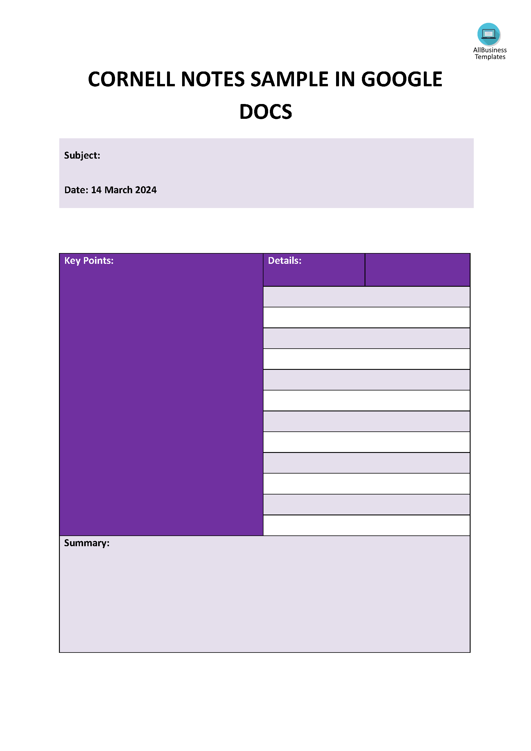 Cornell Notes template in Google Docs 模板