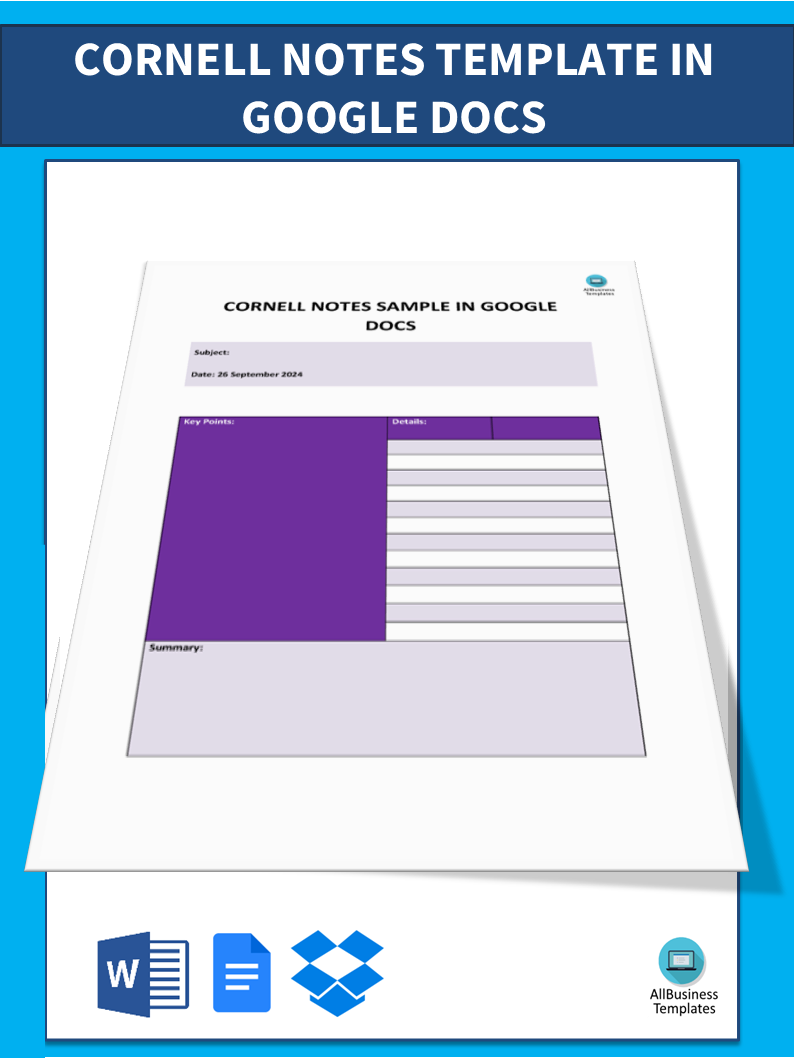 cornell notes template in google docs voorbeeld afbeelding 