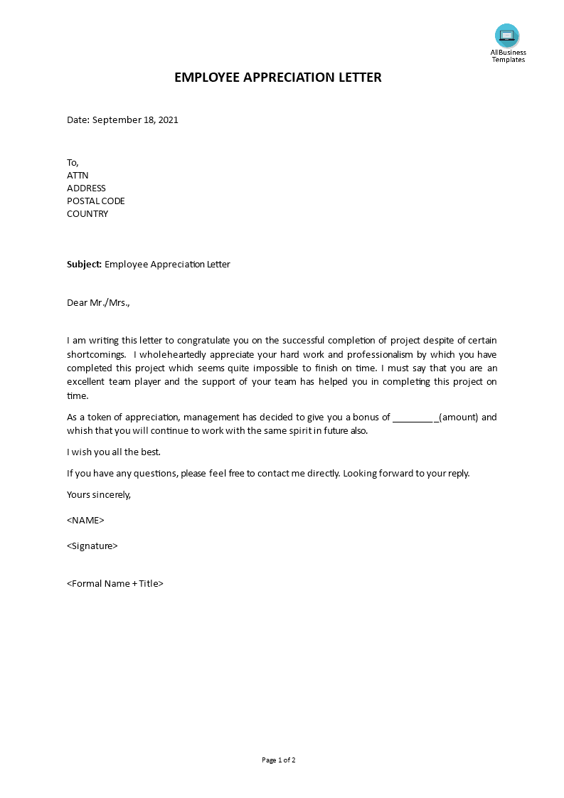 Sample Employee Recognition Letter For Hard Work from www.allbusinesstemplates.com